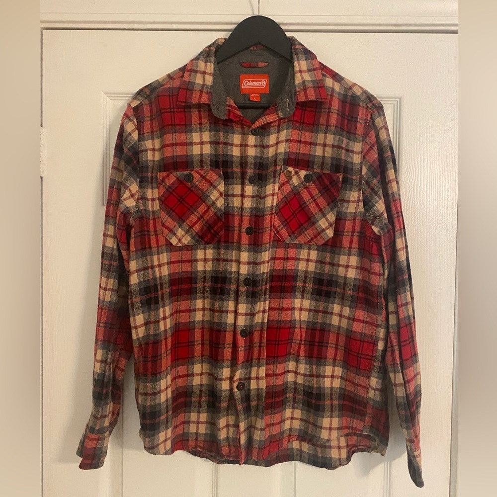 Coleman.  Men's Red Plaid Flannel Shirt. Long Sleeve. Button Down. Large.